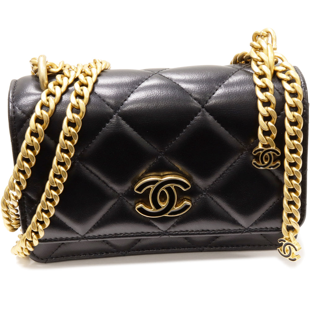 Chanel Lambskin Shoulder Bag Chain Wallet Black Vintage Gold AP2635 in Pristine Condition