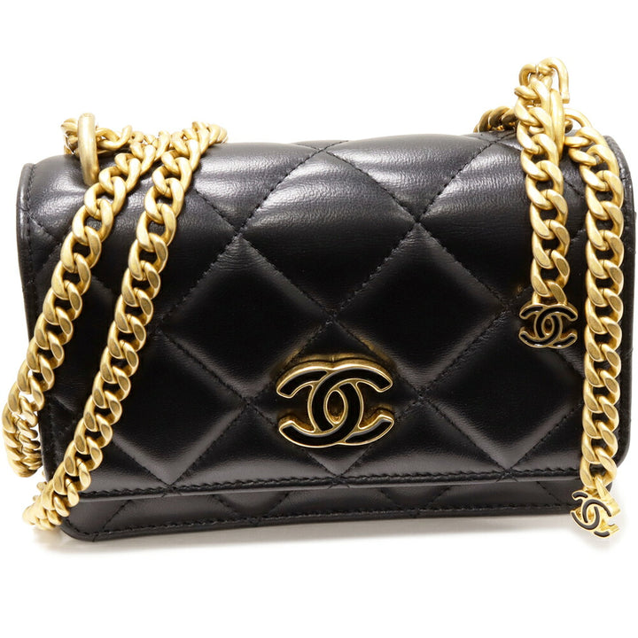 Chanel Lambskin Chain Wallet Black Vintage Gold