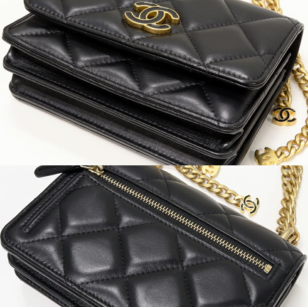 Chanel Lambskin Chain Wallet Black Vintage Gold