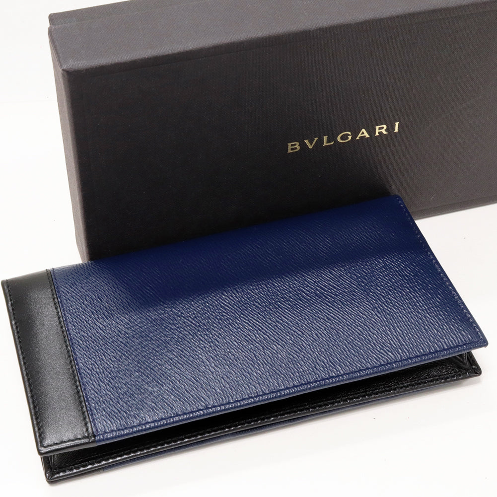 Bvlgari Calf Leather Long Wallet with Coin Pocket Navy/Black