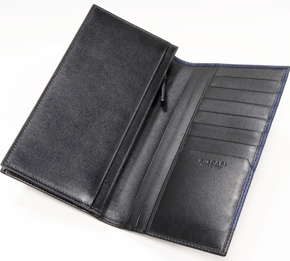 Bvlgari Calf Leather Long Wallet with Coin Pocket Navy/Black