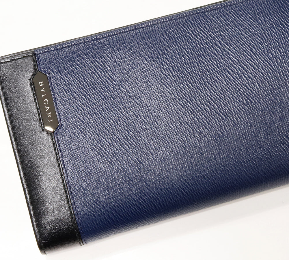 Bvlgari Calf Leather Long Wallet with Coin Pocket Navy/Black