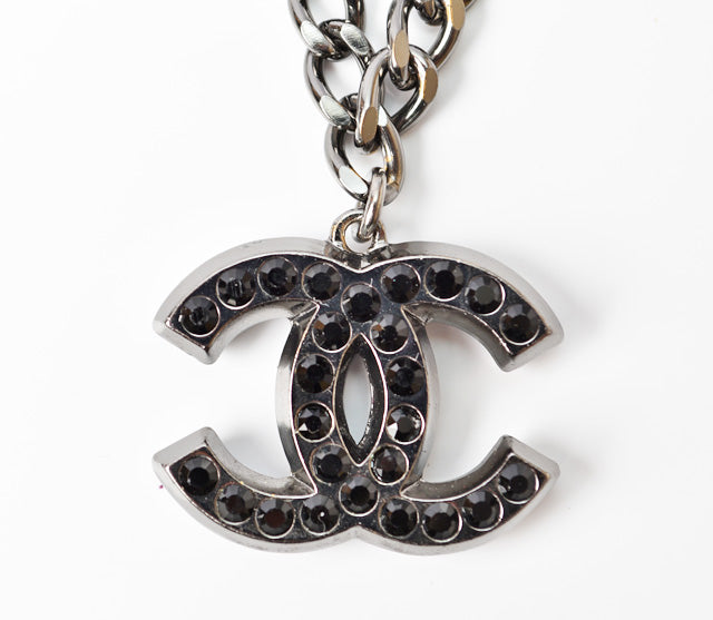 Chanel Necklace/Pendant/Bracelet Unisex Coco Mark CC Rhinestone Chrome Silver in Great Condition