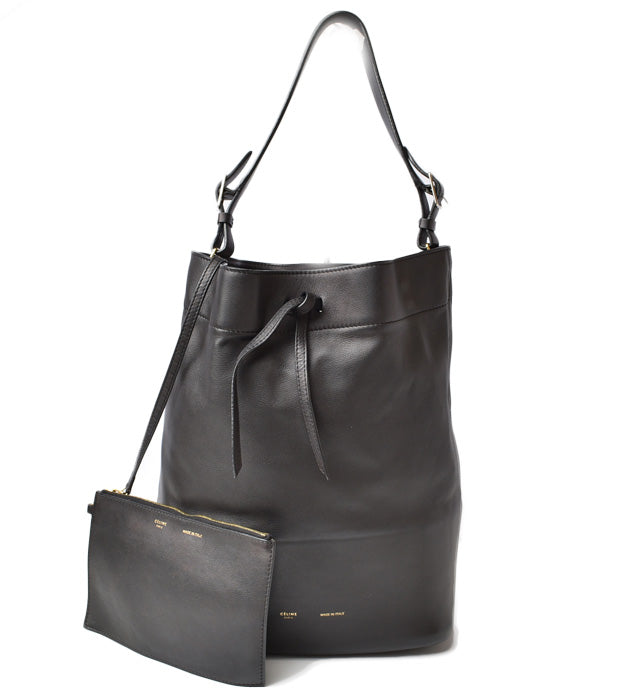 Celine Leather Semi-Shoulder Drawstring Bag Black in Great Condition