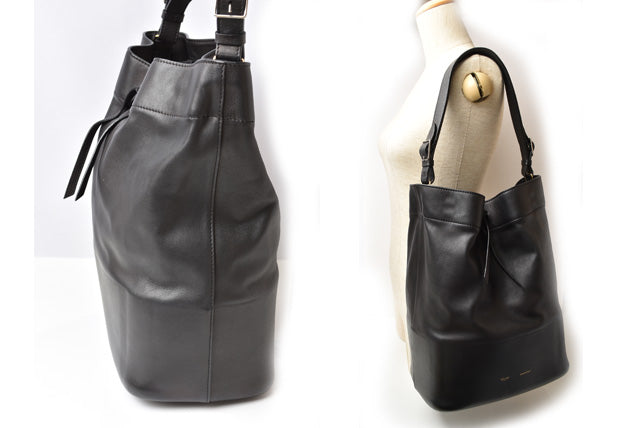 Celine Leather Semi-Shoulder Drawstring Bag Black