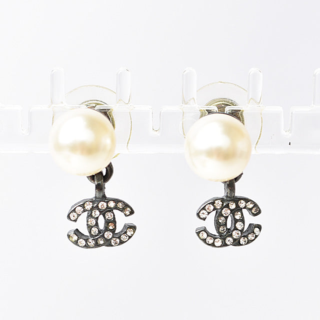 Chanel Metal Rhinestone Faux Pearl Earrings in Great Condition