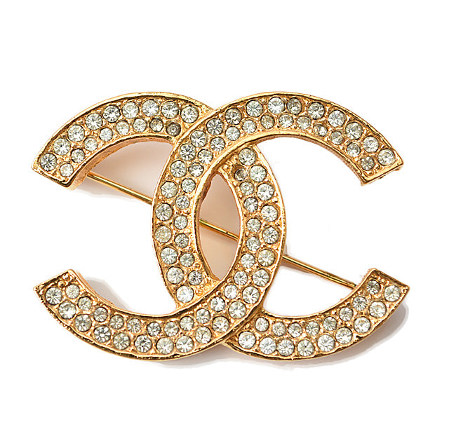 Chanel Brooch Coco Mark Rhinestone Gold in Great Condition