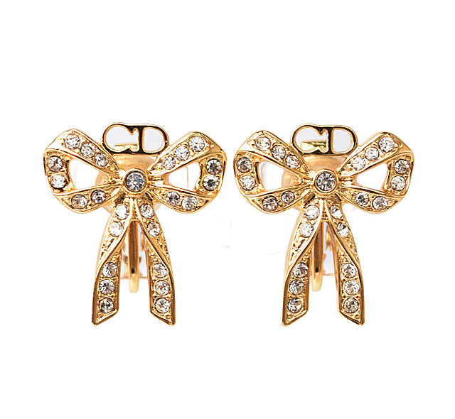 Christian Dior Vintage Ribbon Motif Rhinestone Gold Earrings in Great Condition