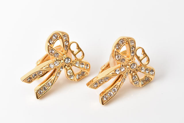 Christian Dior Vintage Ribbon Motif Rhinestone Gold Earrings in Great Condition