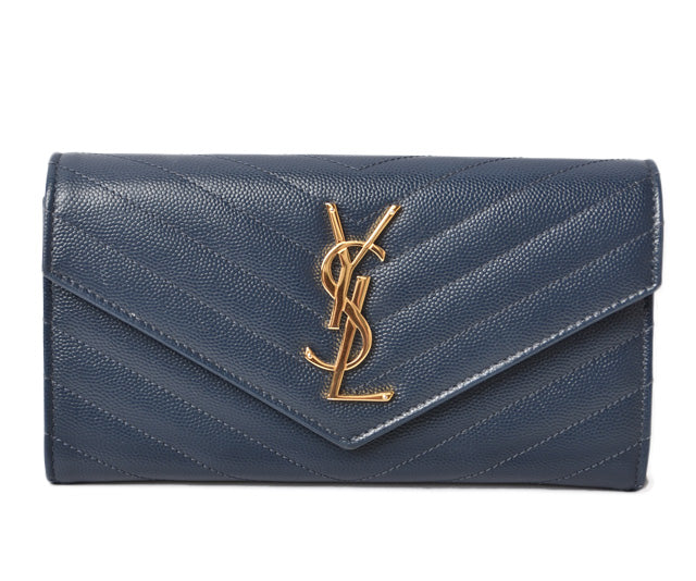 Yves Saint Laurent Leather Long Wallet Dark Navy in Pristine Condition