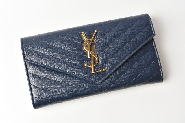 Yves Saint Laurent Leather Long Wallet Dark Navy