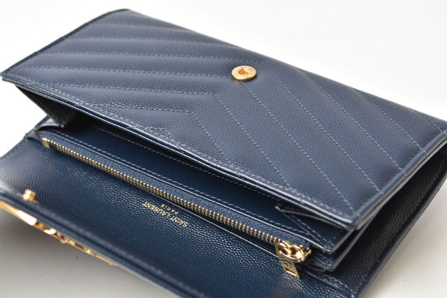 Yves Saint Laurent Leather Long Wallet Dark Navy