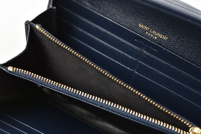 Yves Saint Laurent Leather Long Wallet Dark Navy