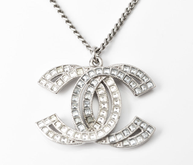 Chanel 2way Necklace/Pendant with Rhinestones and Coco Mark Double CC Silver in Great Condition