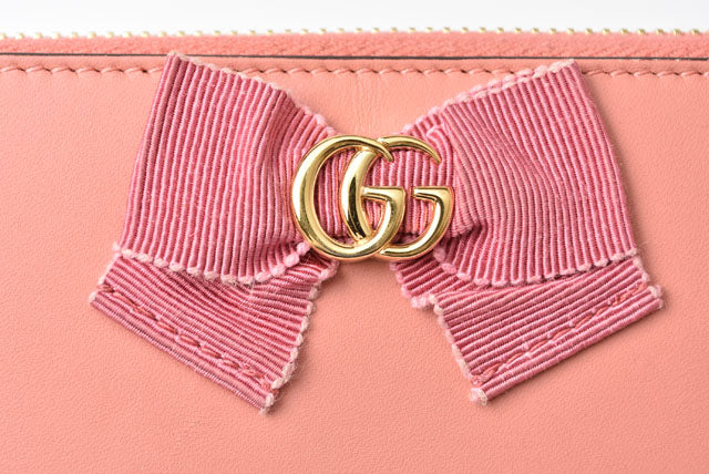 Gucci Leather Long Wallet Round Zipper GG Marmont Ribbon