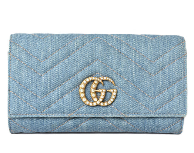 Gucci Denim Continental Wallet GG Marmont Chevron Quilted Leather in Great Condition