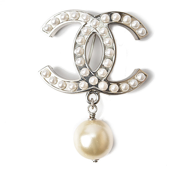 Chanel Brooch with Rhinestones and Faux Pearls, Silver