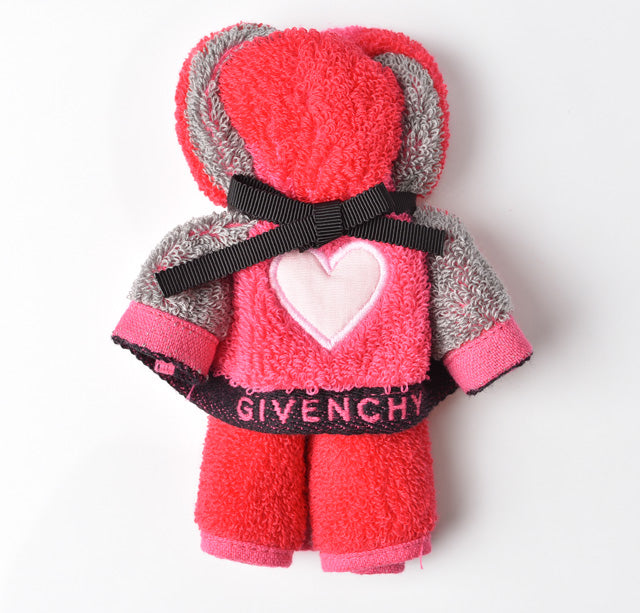 Givenchy Cotton 100% Bear Towel Handkerchief Heart/Pink Multi Gift in Pristine Condition