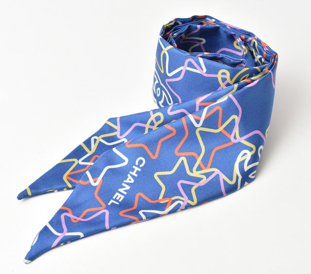 Chanel Silk Tie Scarf Star Logo Blue in Great Condition