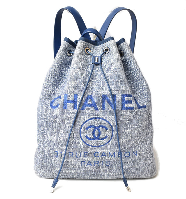 Chanel Cotton Canvas Denim Backpack Chain Bag Deauville 2018 Cruise Line in Great Condition