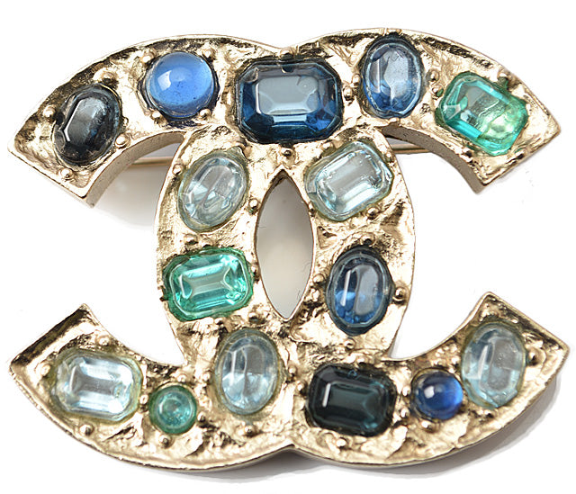 Chanel Metal Rhinestone Brooch Blue Multi/Gold in Excellent Condition