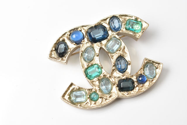 Chanel Metal Rhinestone Brooch Blue Multi/Gold