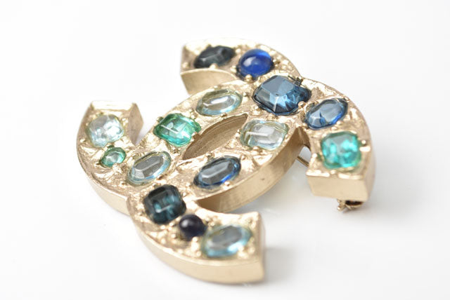 Chanel Metal Rhinestone Brooch Blue Multi/Gold