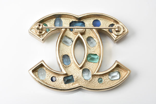 Chanel Metal Rhinestone Brooch Blue Multi/Gold