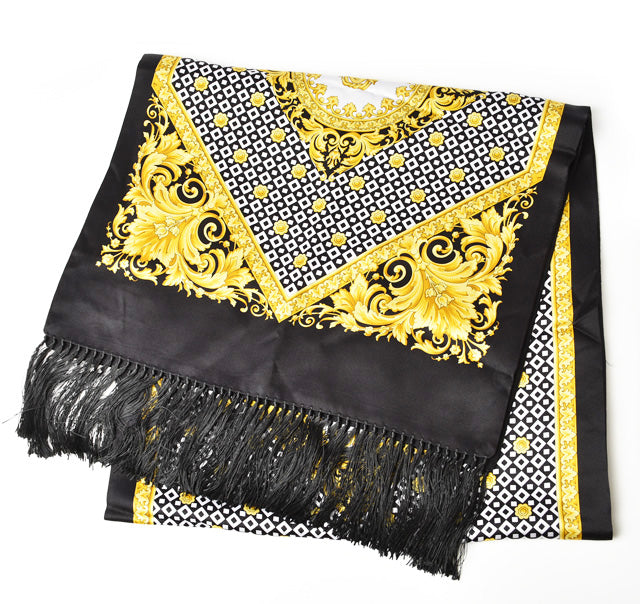 Versace Reversible Silk/Wool Scarf with Fringes, 45x160cm, Black/Gold in Excellent Condition