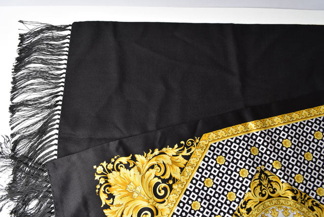 Versace Reversible Silk/Wool Scarf with Fringes, 45x160cm, Black/Gold in Excellent Condition