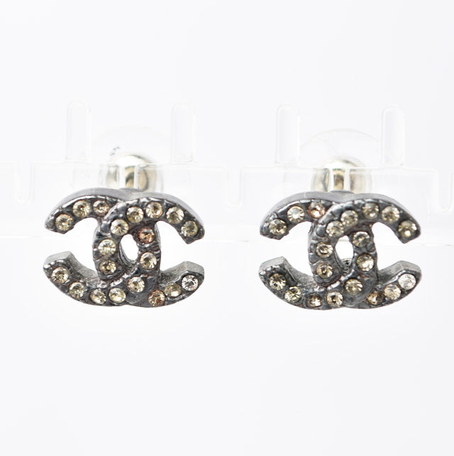 Chanel Earrings CC Gunmetal Rhinestone in Great Condition