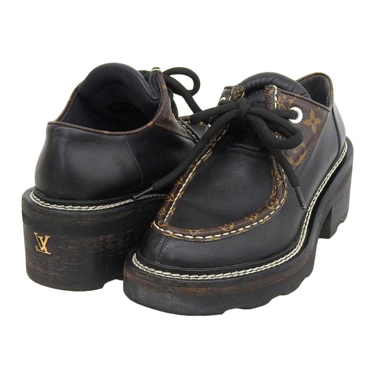 Louis Vuitton Leather Loafers Monogram Black Brown