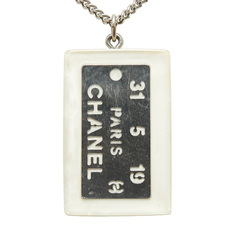 Chanel Cambon Plate Necklace White Silver Plastic Plated