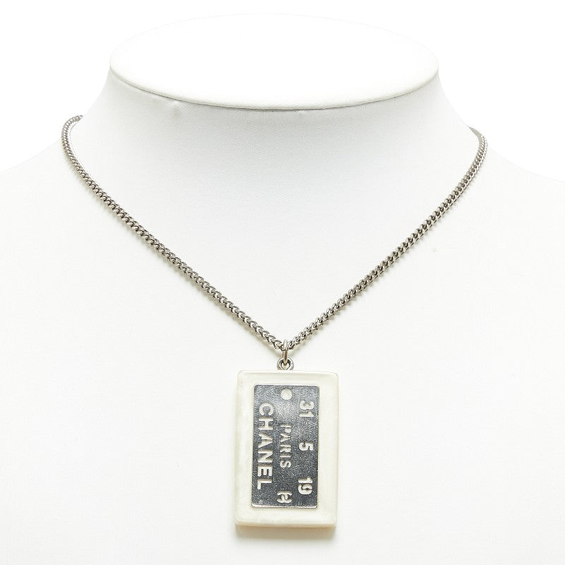 Chanel Cambon Plate Necklace White Silver Plastic Plated