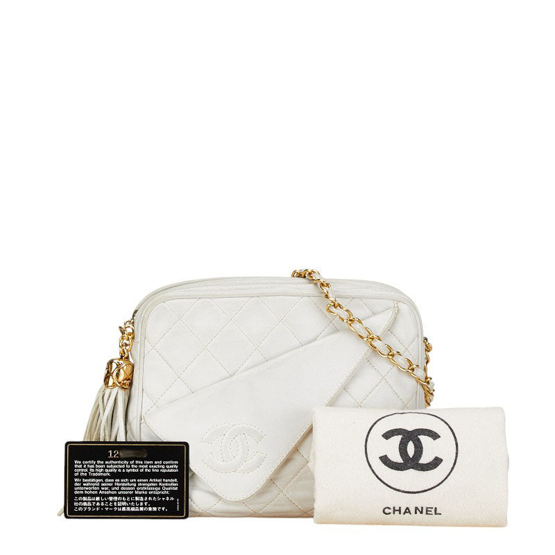 Chanel Matelasse Coco Mark Tassel Chain Shoulder Bag White Lambskin