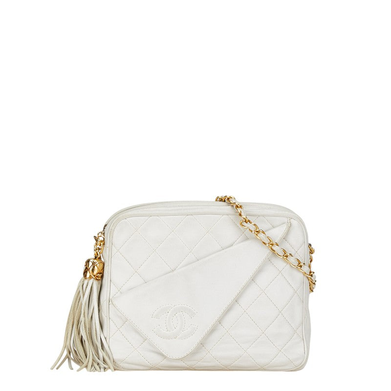 Chanel Matelasse Coco Mark Tassel Chain Shoulder Bag White Lambskin