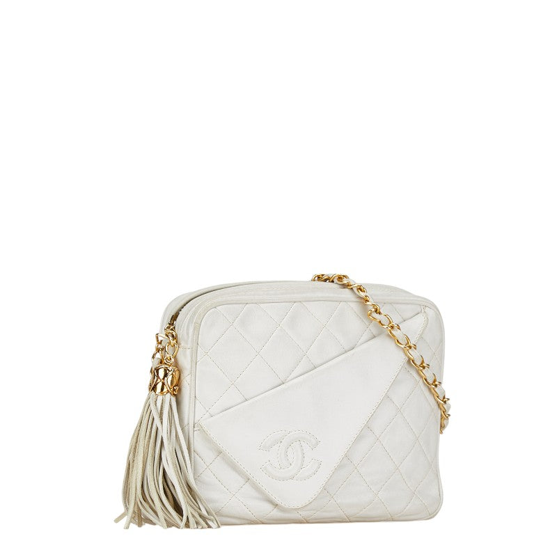 Chanel Matelasse Coco Mark Tassel Chain Shoulder Bag White Lambskin