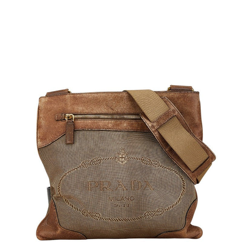 Prada Jacquard Logo Canvas Leather Shoulder Bag