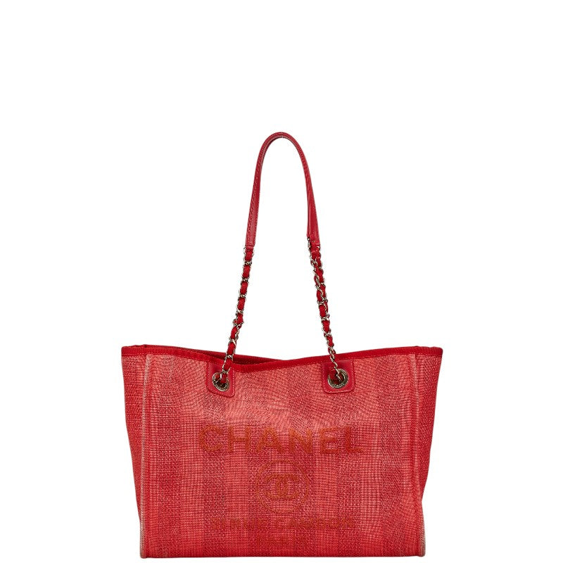 Chanel Deauville Tote MM Canvas Leather Red