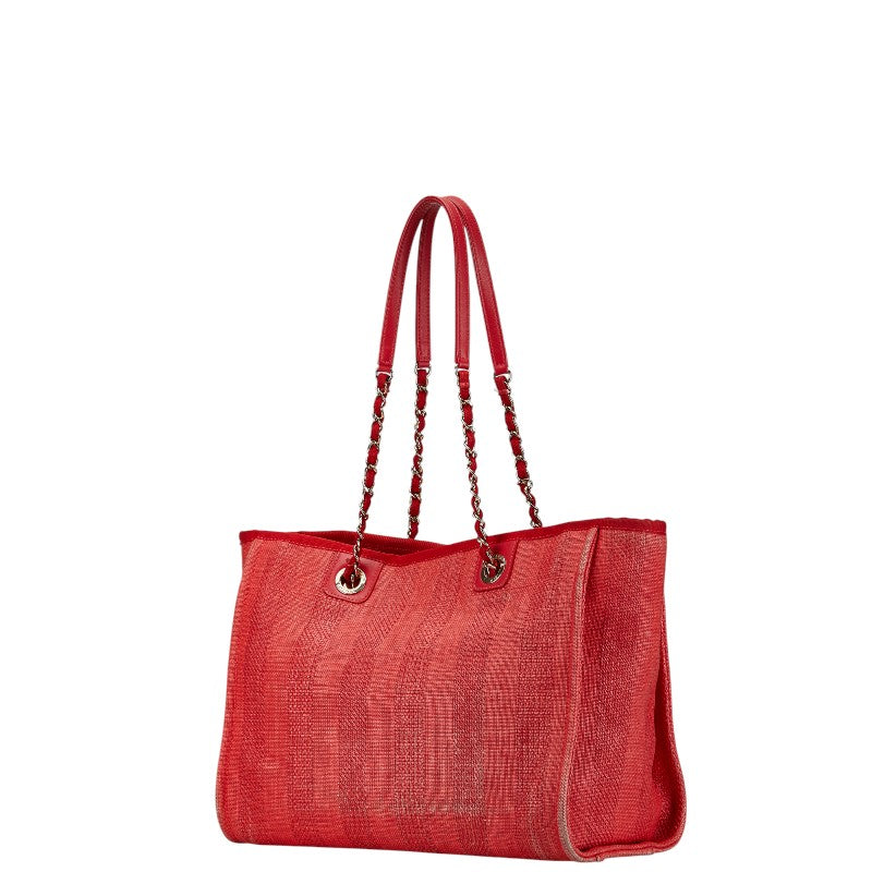 Chanel Deauville Tote MM Canvas Leather Red