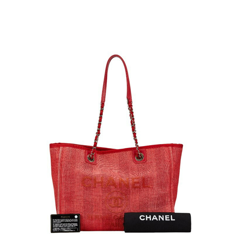 Chanel Deauville Tote MM Canvas Leather Red