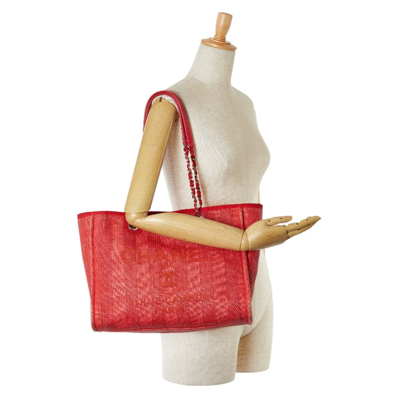 Chanel Deauville Tote MM Canvas Leather Red