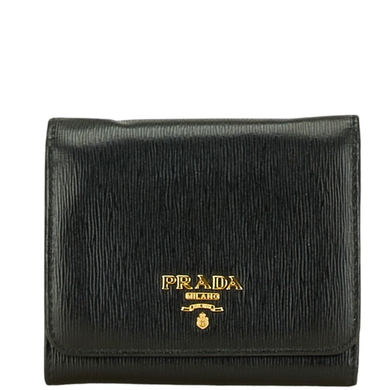 Prada Leather Logo Tri-Fold Wallet Black