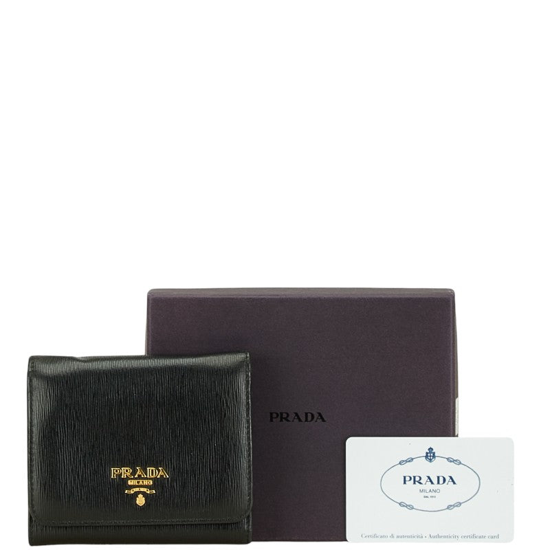 Prada Leather Logo Tri-Fold Wallet Black