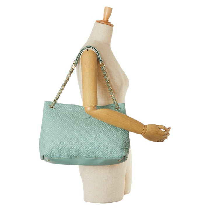 Tory Burch Quilted Chain Tote Bag Mint Green Leather in Very Good Condition