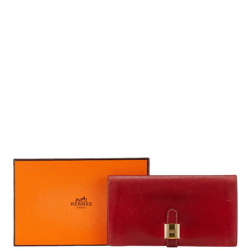 Hermes Red Box Calf Long Wallet in Very Good Condition