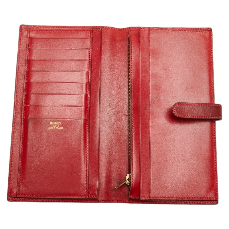 Hermes Red Box Calf Long Wallet in Very Good Condition