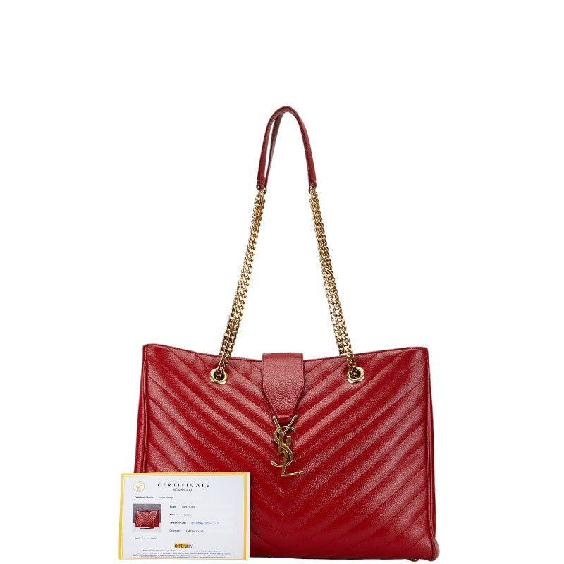 YSL V-Stitch Chain Tote Bag Red Leather in Very Good Condition