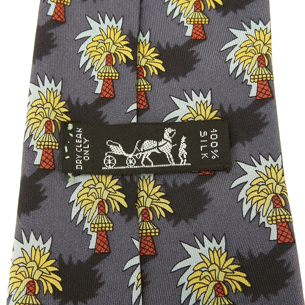 Hermes Silk Tie Gray Palm Pattern