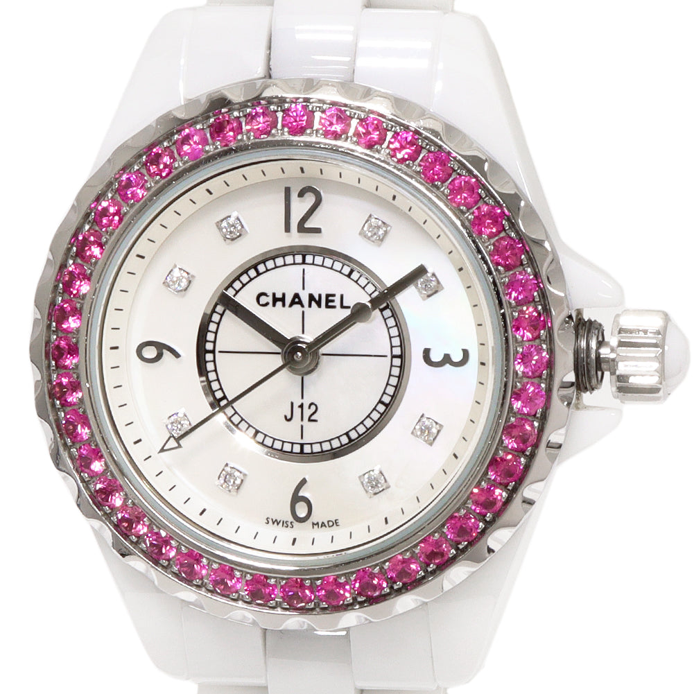 Chanel J12 White Ceramic Pink Sapphire Stainless Quartz H3243 in Great Condition